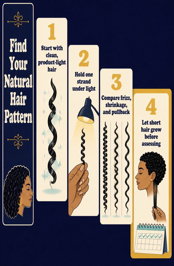 Natural hair pattern guide with examples of coils zigzags frizz and shrinkage