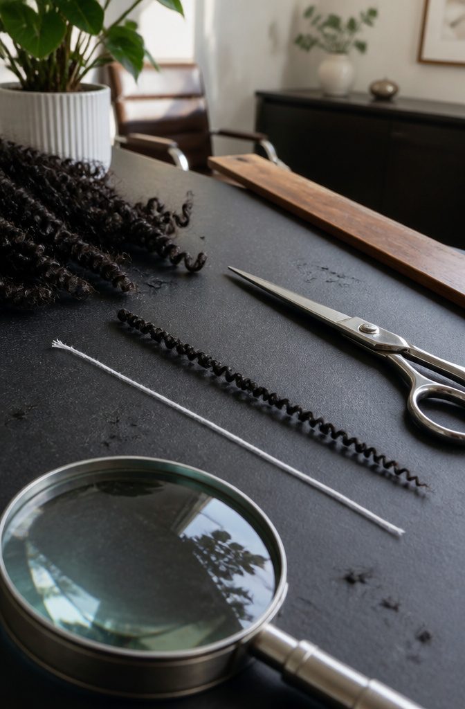 Dark coiled hair section beside sewing thread for strand thickness comparison