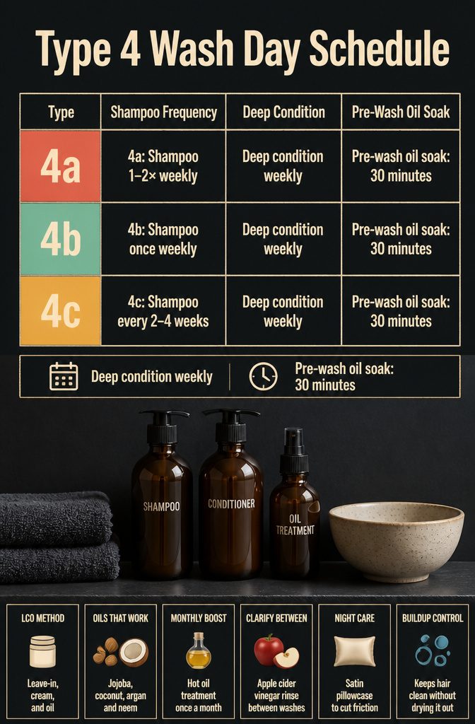 Type 4 wash day schedule listing shampoo conditioning and pre-wash oil routines