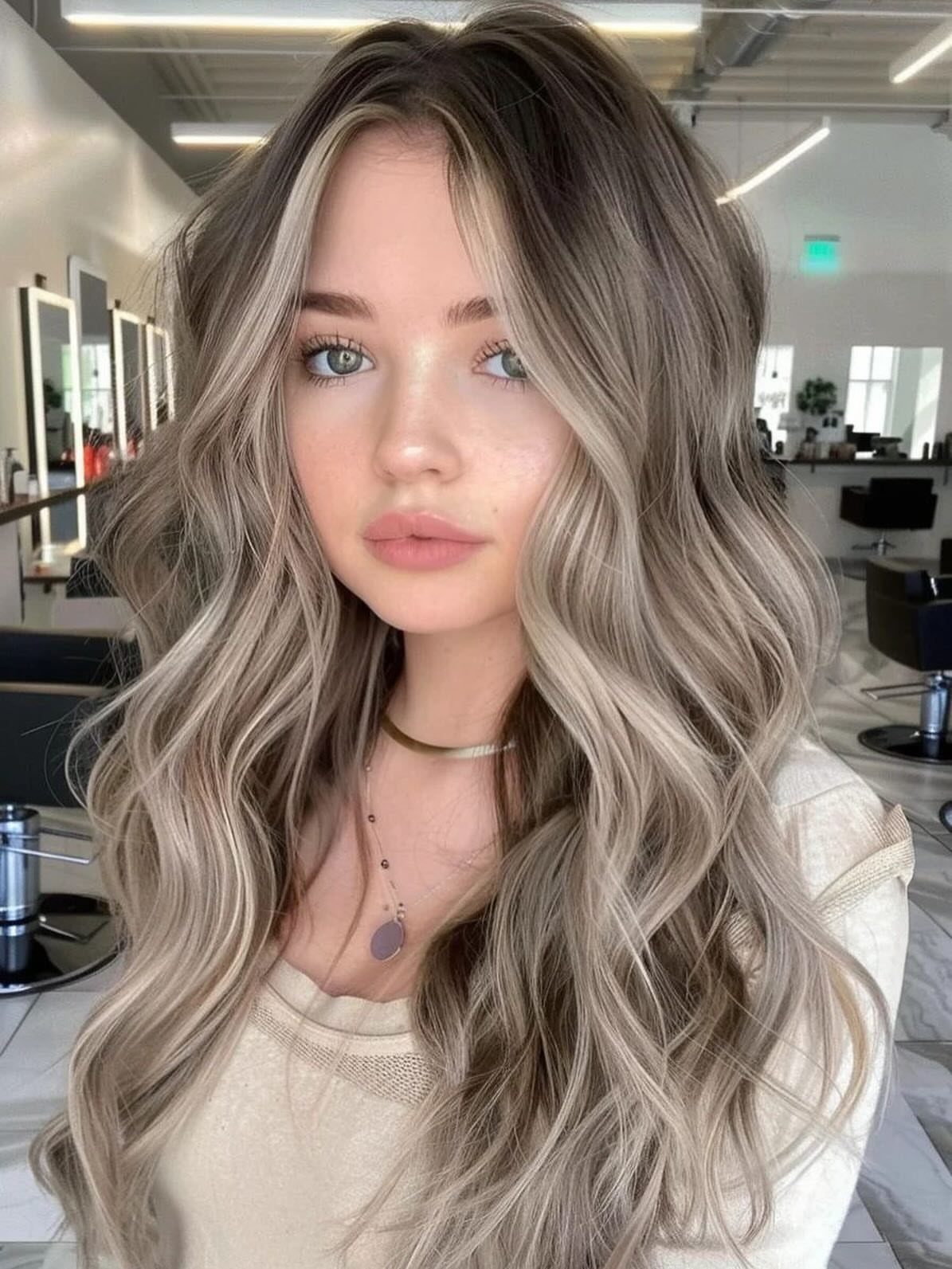 Woman with long wavy mushroom-brown hair and lighter face-framing strands in a salon