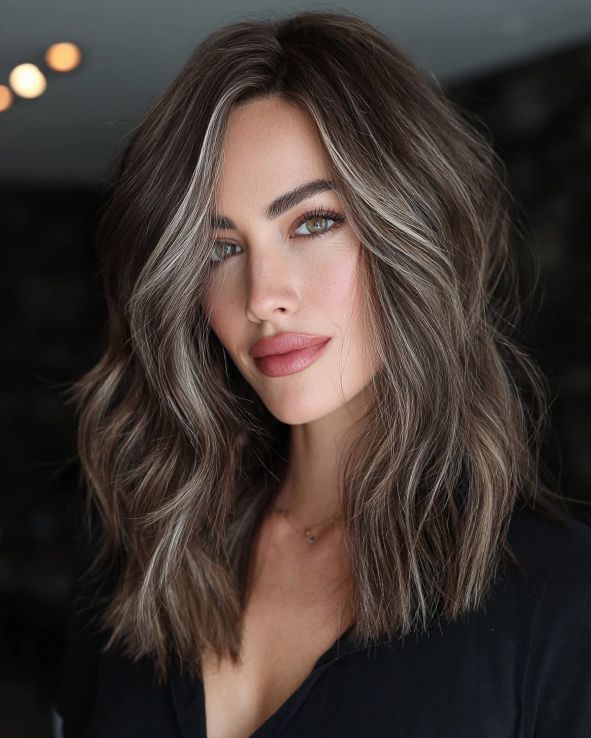 Wavy mushroom-brown hair with subtle light and cool-toned highlights