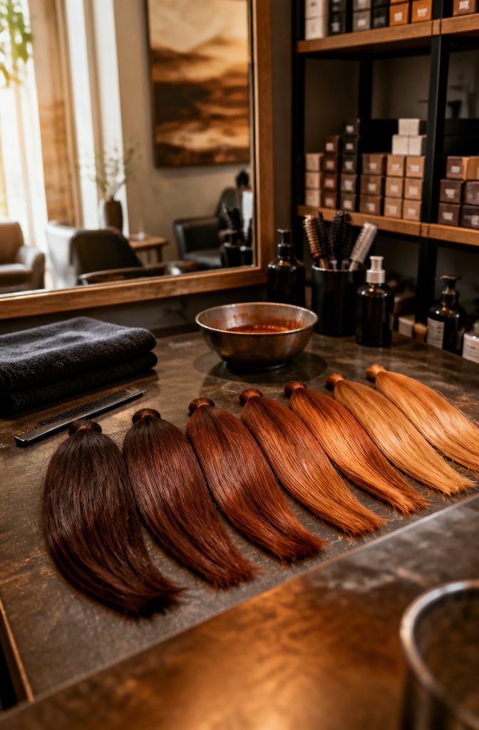 Seven hair swatches ranging from dark auburn and reddish blonde to spiced copper