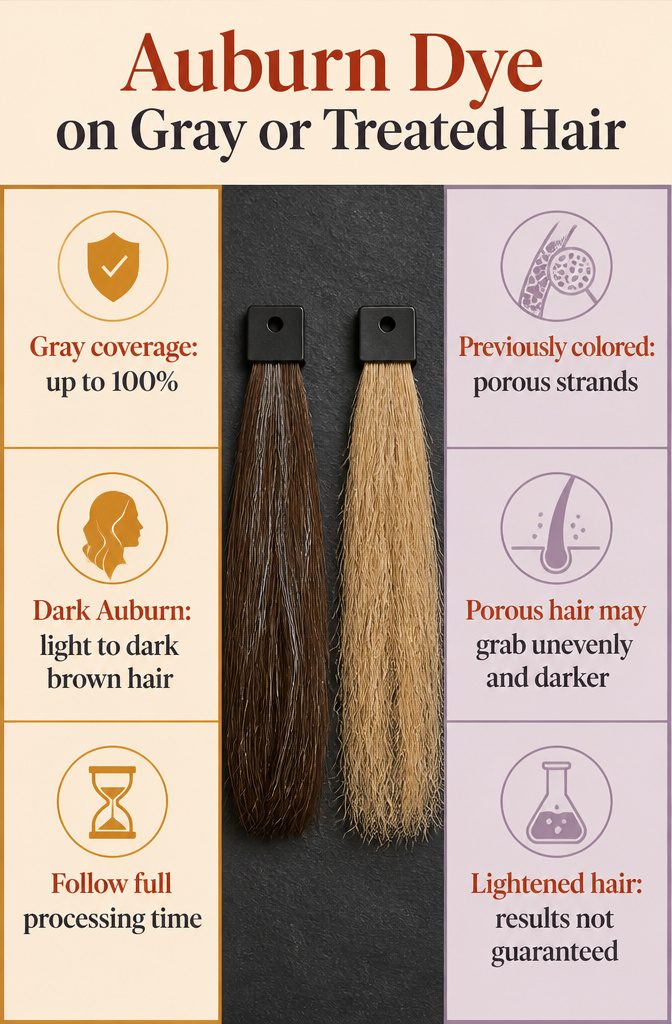 Auburn dye shown on gray roots and porous previously treated hair