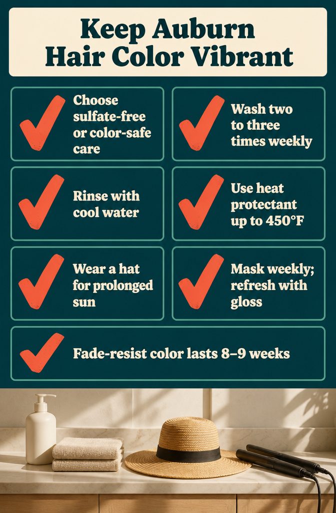 Color-safe shampoo and conditioner beside auburn hair rinsed with cool water