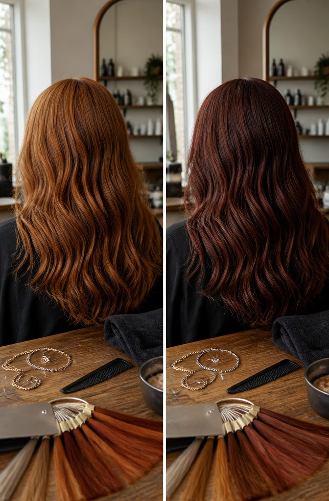 Model with auburn hair and warm red tones against her complexion