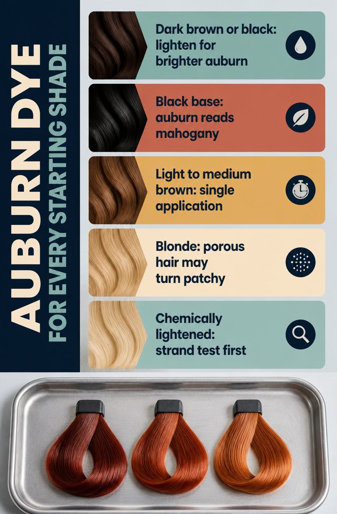 Auburn hair dye options shown for different starting hair shades