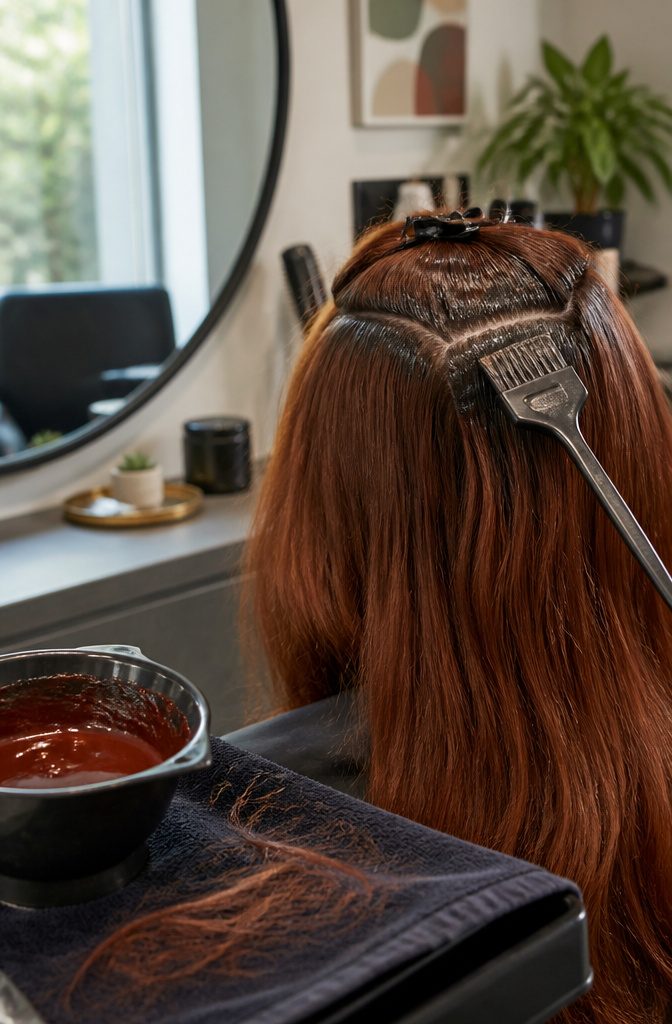 Parted auburn hair with dye brushed onto darker roots beside a dye bowl