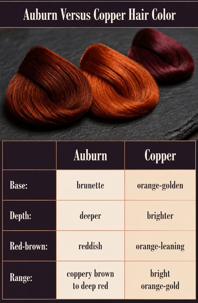 Auburn and copper hair color comparison with reddish brown and orange tones