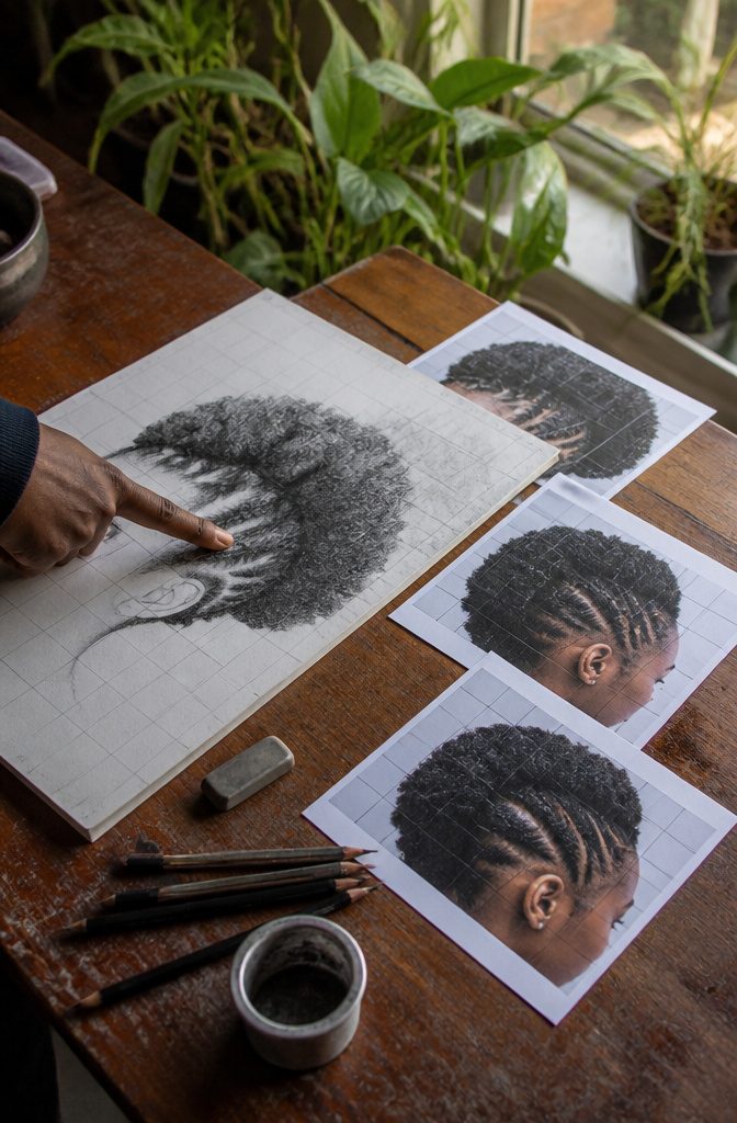 Black hair drawing beside gridded hairstyle reference photographs
