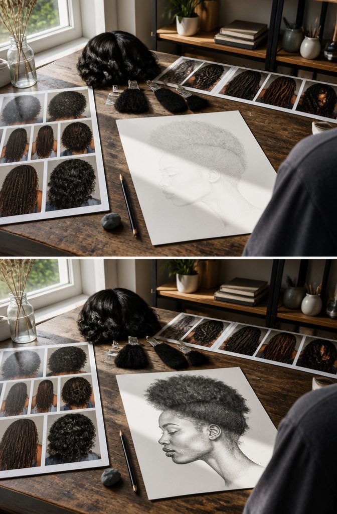Black hair in a reference photograph for drawing texture and style