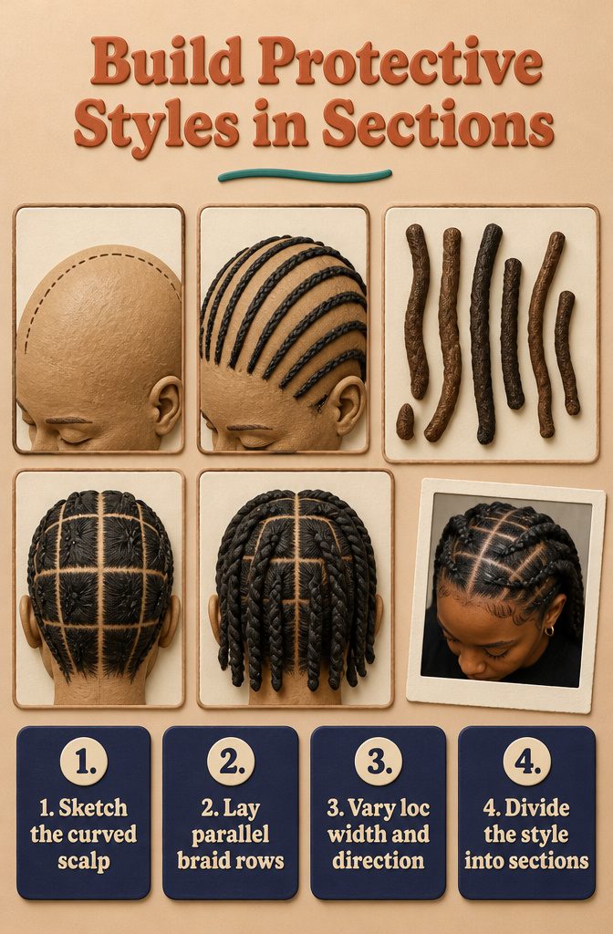 Black hair diagram showing braided rows and separate loc sections