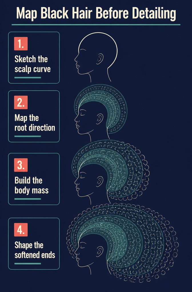 Black hair diagram marking roots body ends and volume