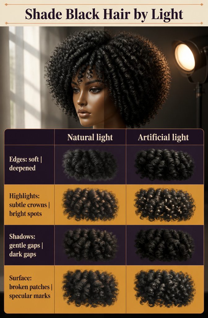 Black hair shading diagram with fragmented highlights and dark coil shadows