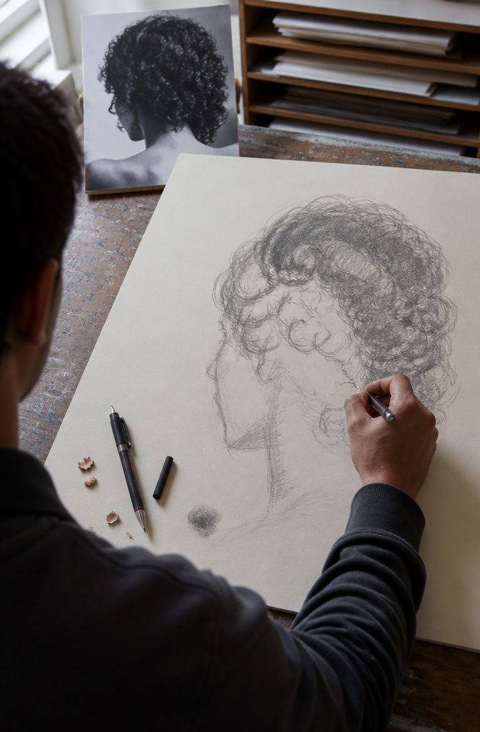 Black hair drawing with broad S-curved clumps and inner spirals