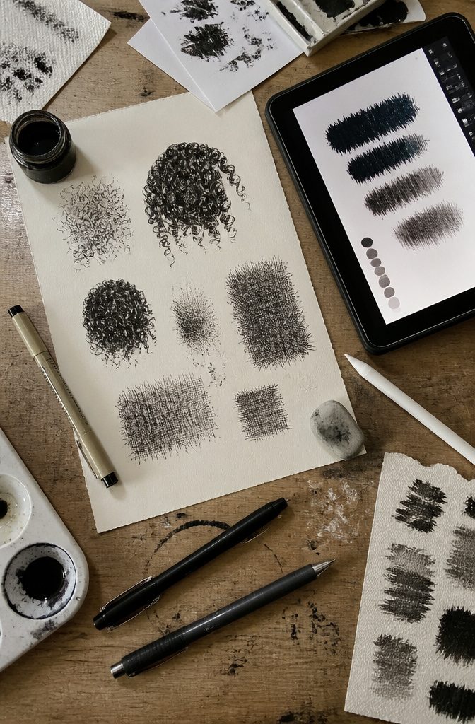 Black hair drawing tools and textured brushes for coils and shading
