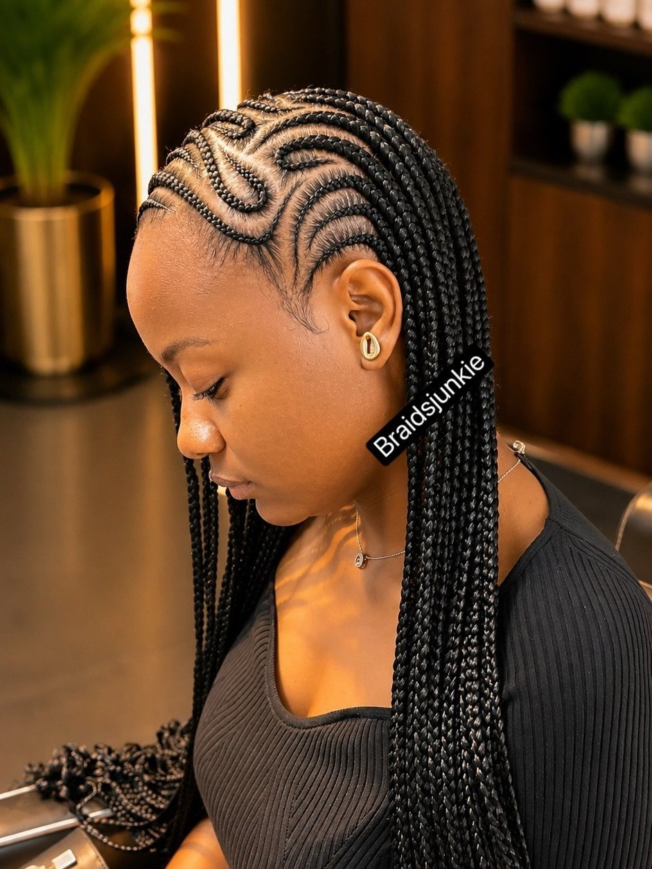 Woman wearing curved cornrows and long braids arranged in a mohawk silhouette