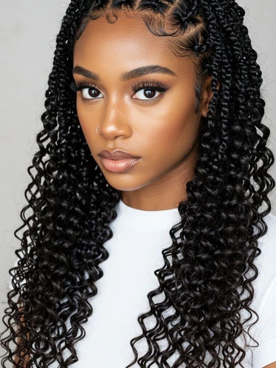 Woman wearing thick black scalp braids mixed with long loose curls