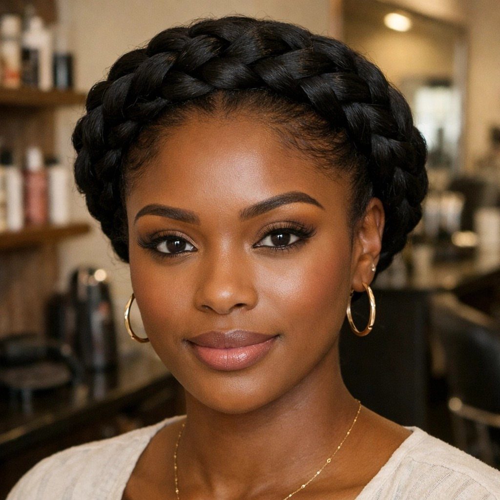 Woman wearing a thick black halo braid encircling her head