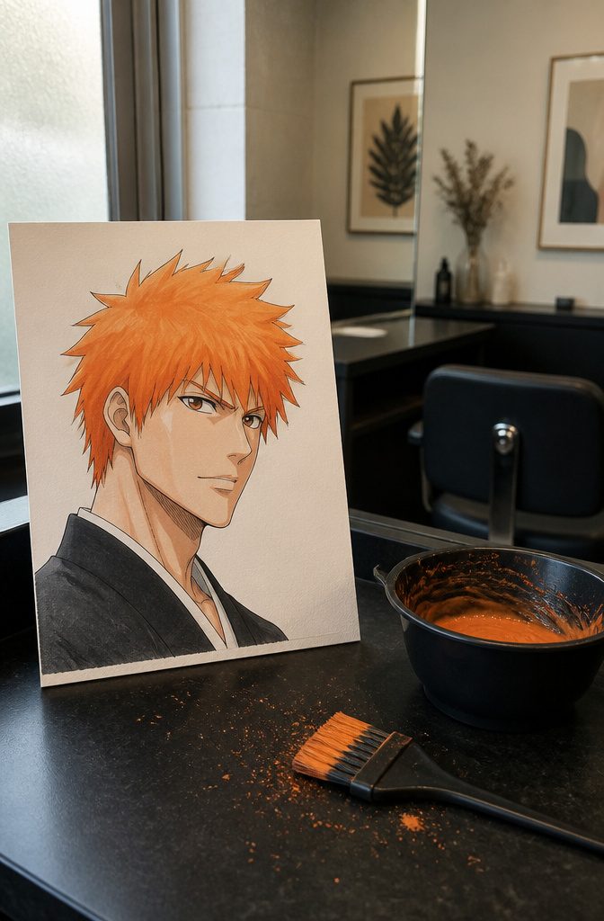 Ichigo Kurosaki portrait with spiky orange hair and brown eyes