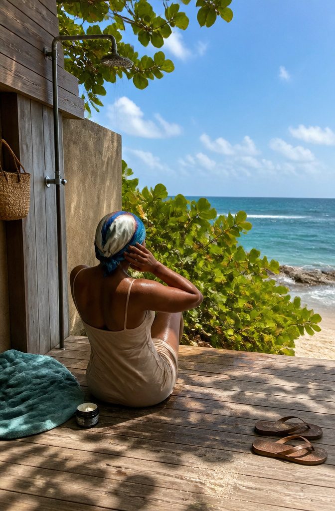 Afro hair in a protective style for sun and salt water exposure