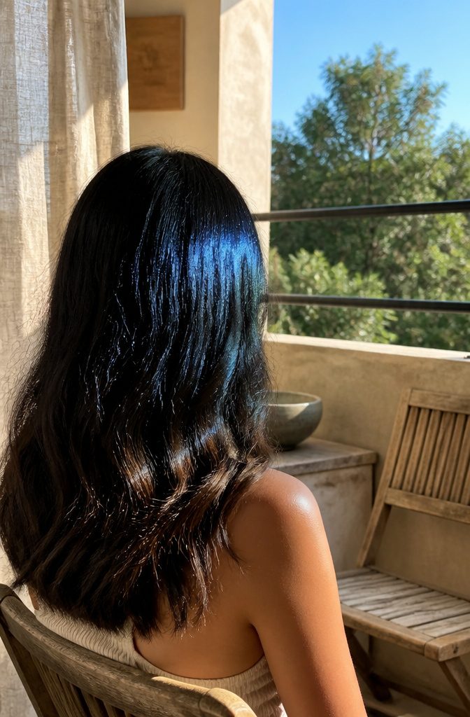 Raven-black hair falling in loose shoulder-length waves with blue and brown highlights