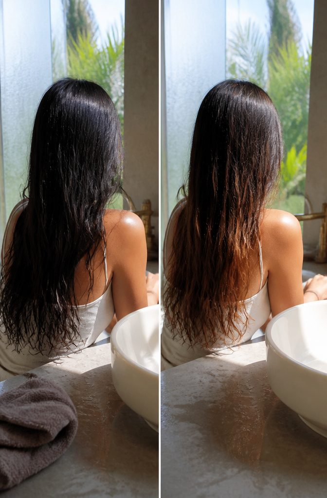 Dark hair with lighter strands showing uneven pigment changes from sun exposure