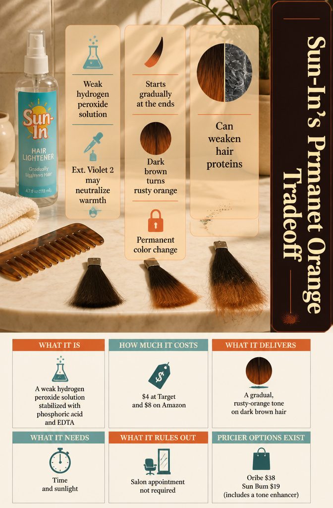 Beauty information graphic about Sun-In causing permanent orange tones in dark hair