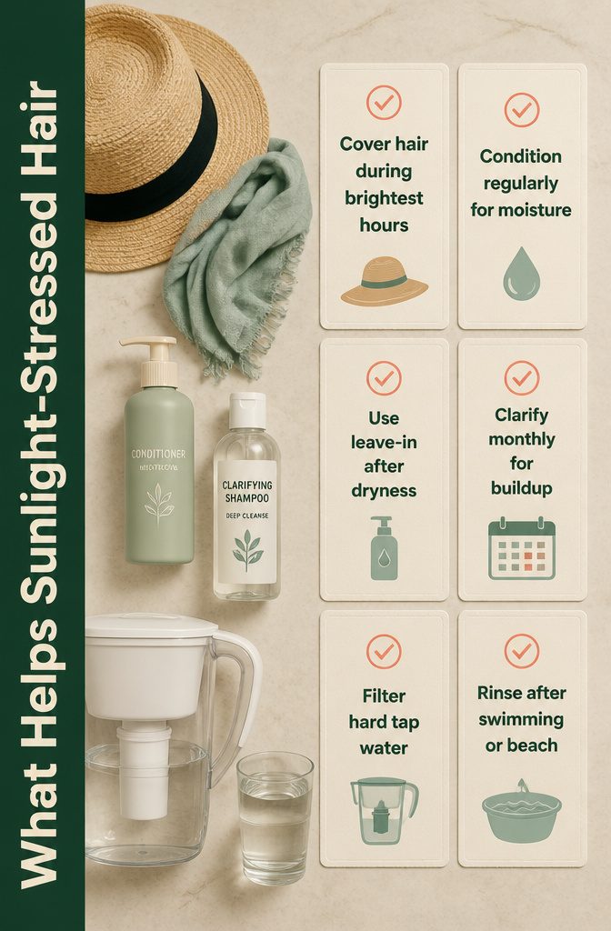 Beauty information graphic listing ways to help hair stressed by sunlight