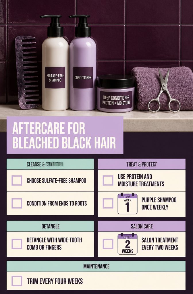 Aftercare chart with shampoo conditioner comb and purple shampoo
