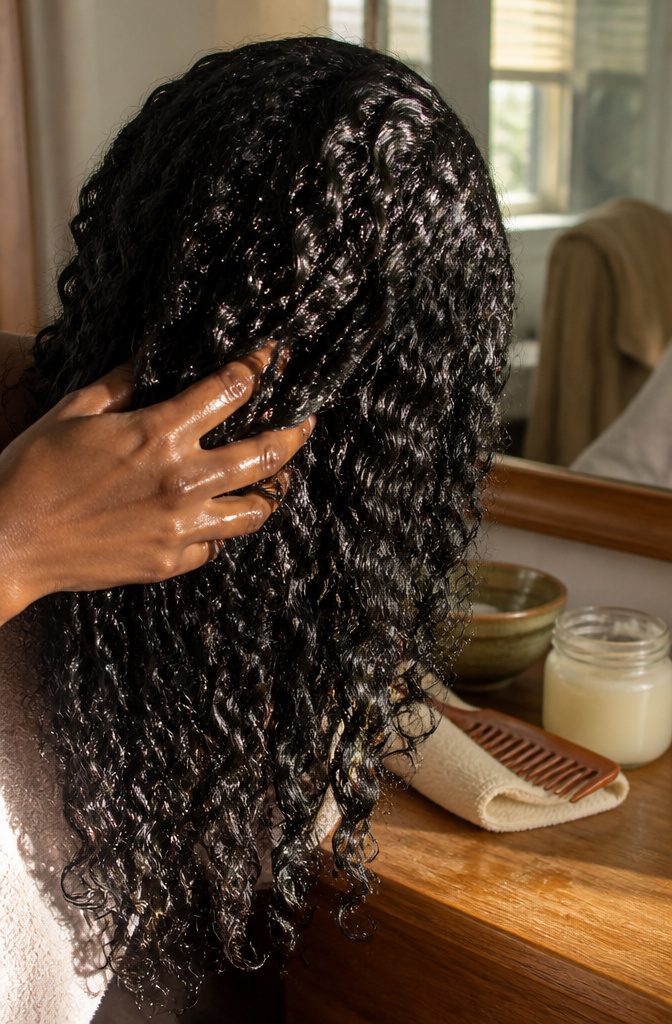 Dark hair with a rich conditioning treatment worked through the lengths