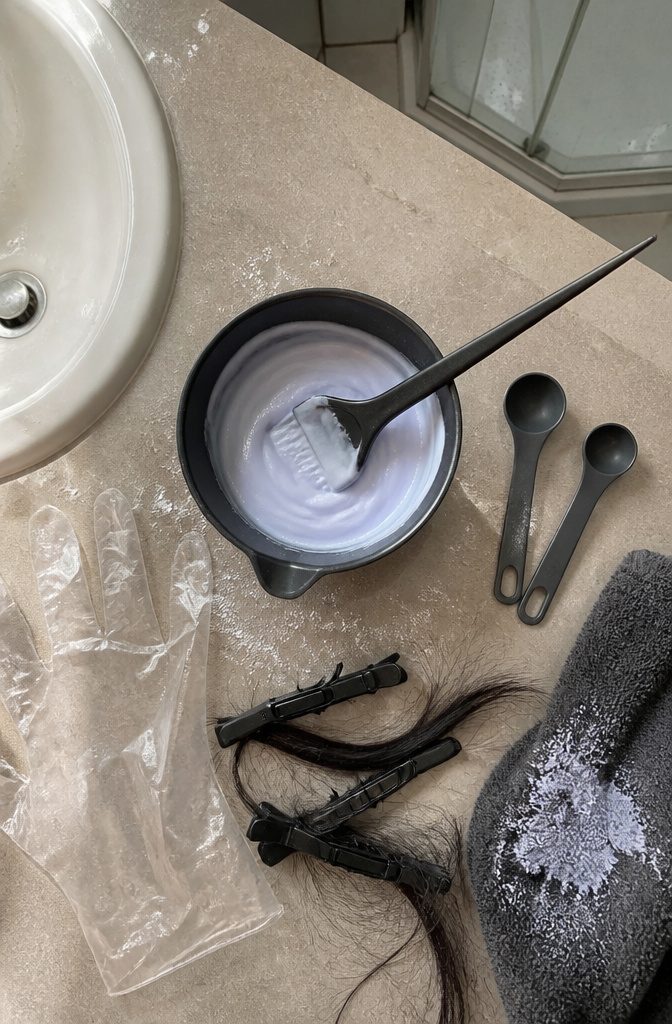 Bowl of bleach powder and developer mixed into a pale cream