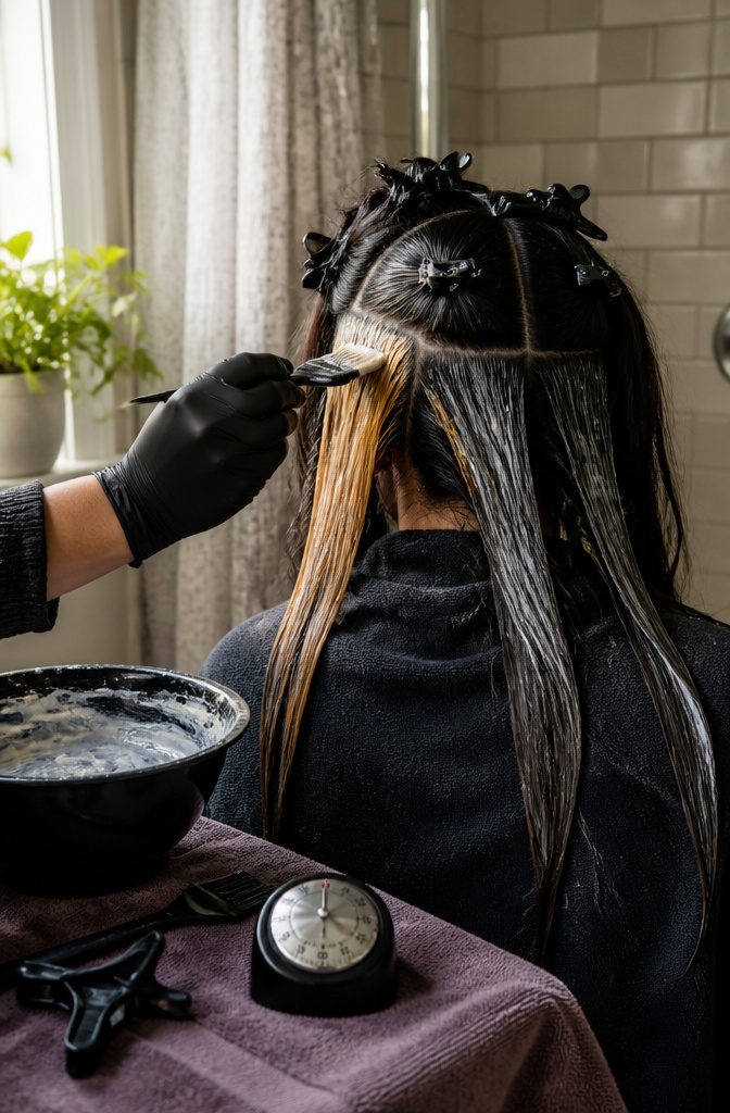 Dark hair sections with wet bleach and one strand lifted to gold