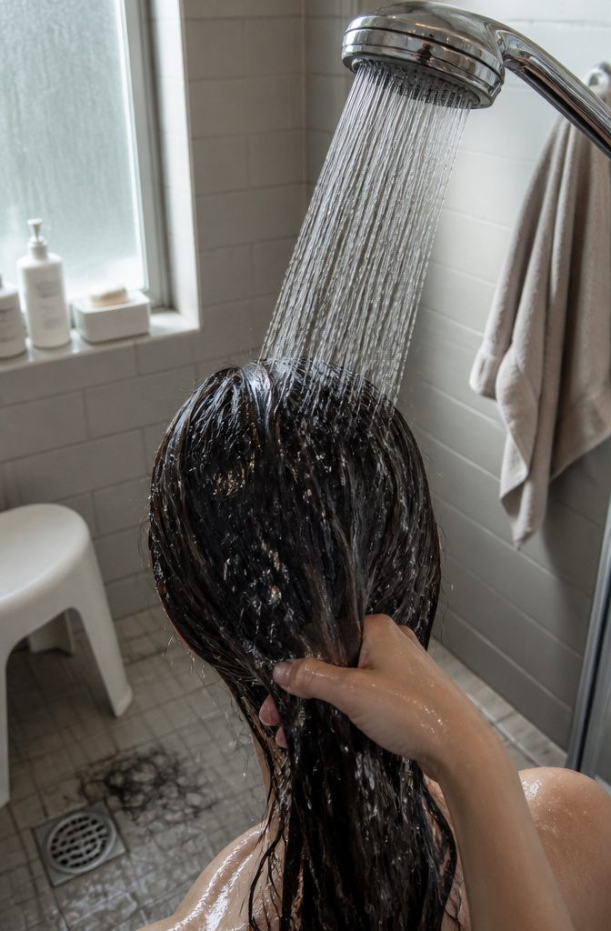 Dark wet hair rinsed under a stream of cool water