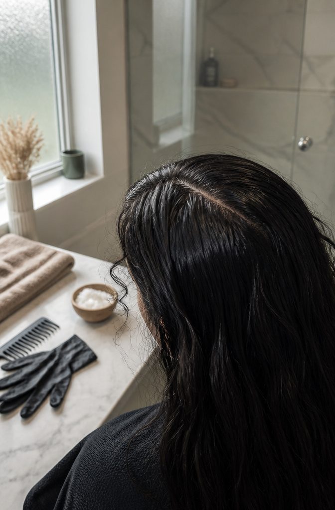 Dark hair with a natural sheen at the scalp and roots