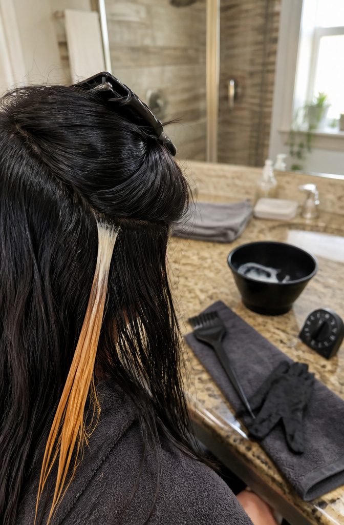 Black hair with one isolated strand coated in pale bleach mix