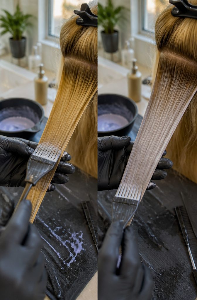 Lightened hair with toner being applied to reduce orange and gold