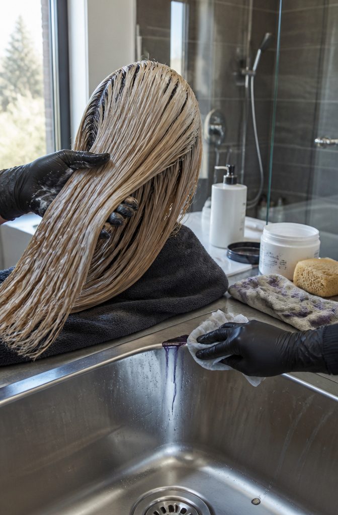 Damp lightened hair treated by hand beside a metal sink