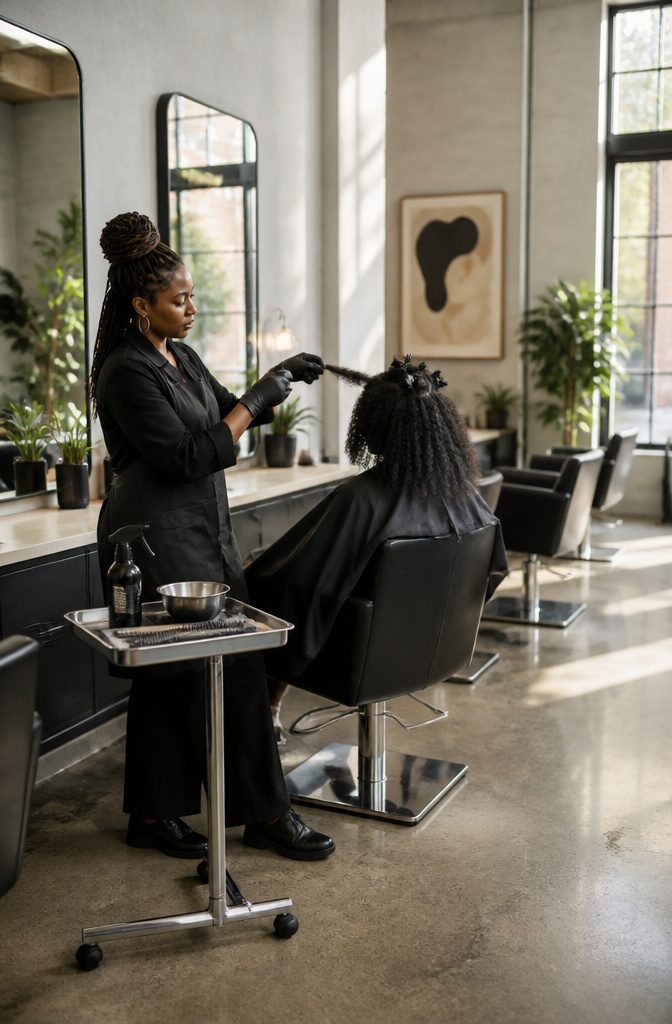 Stylist examining dark hair before a bleach treatment