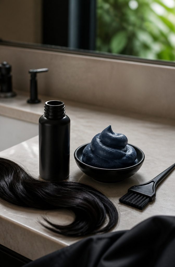 John Frieda foam color beside blue-black swatch and applicator