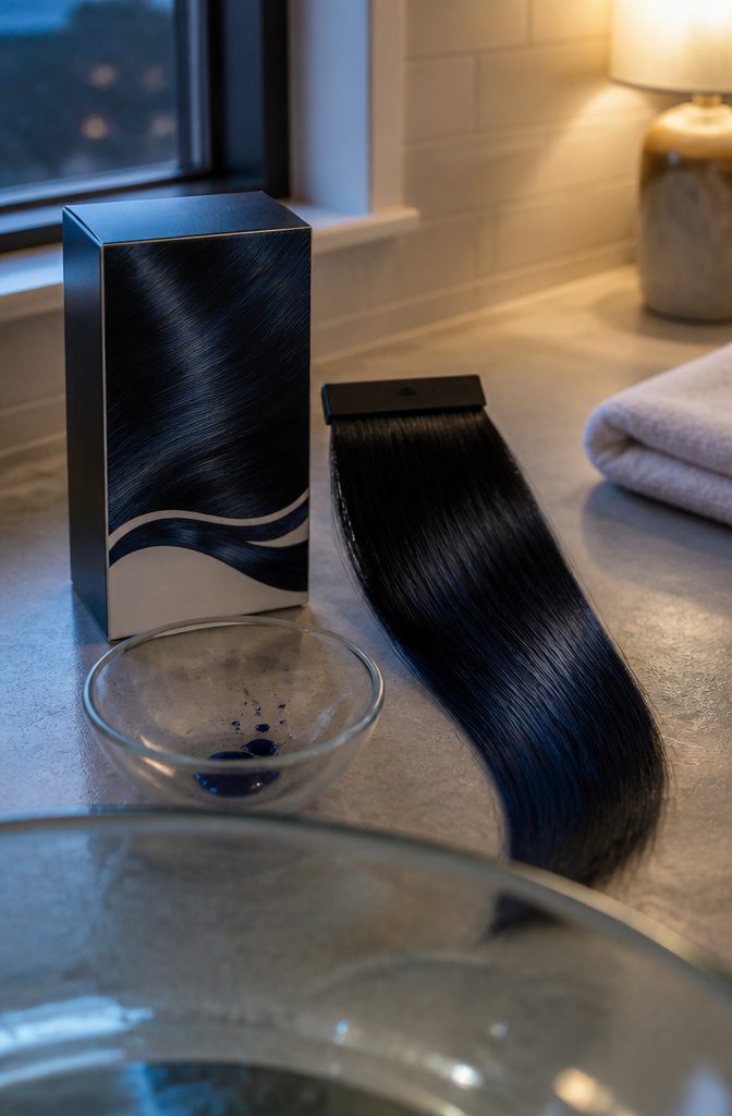 Clairol Nice'n Easy box beside blue-black dimensional hair swatch