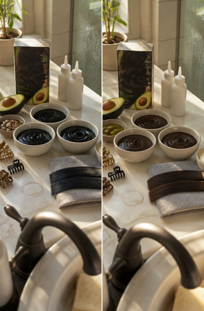 Garnier Nutrisse black dye beside oils and dark hair swatch