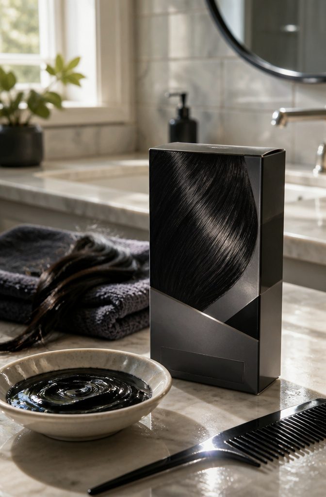 Revlon Colorsilk box beside a glossy black hair swatch
