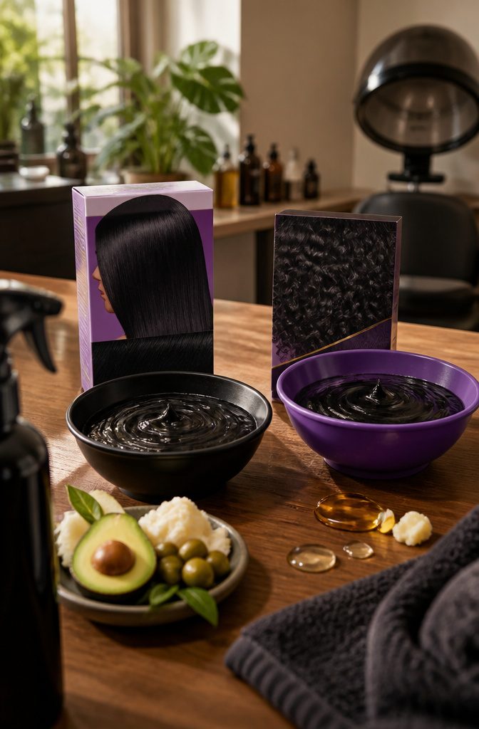 Dark and Lovely products beside rich jet-black hair swatch