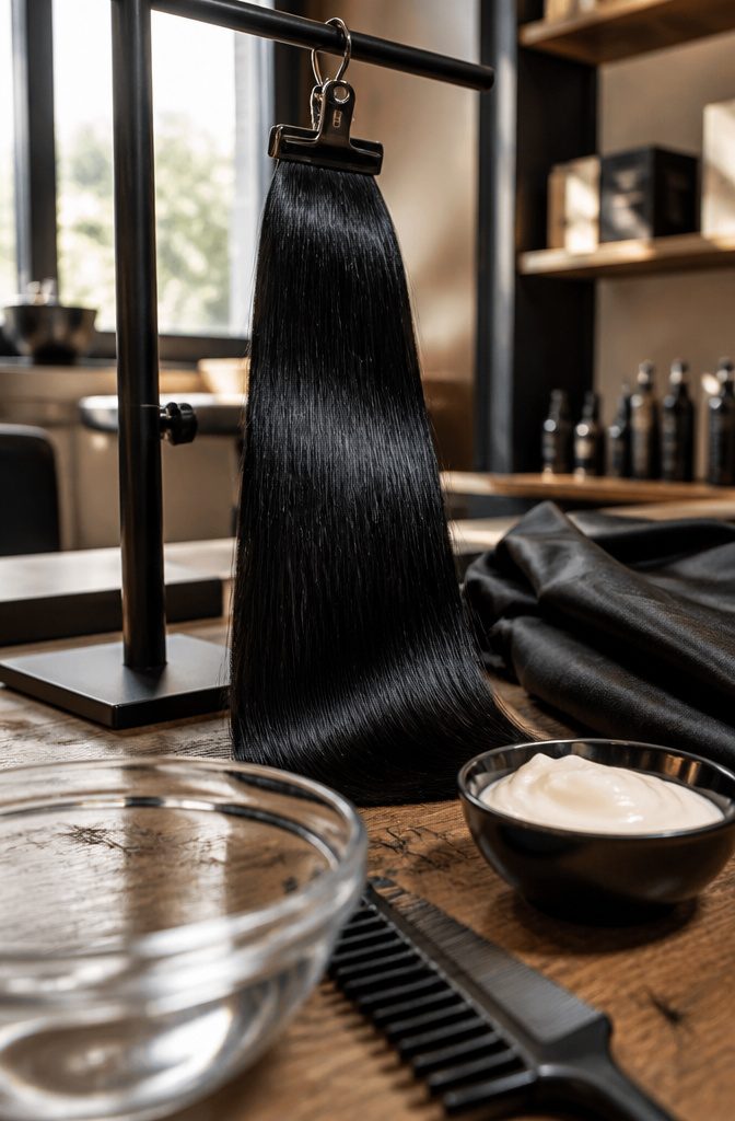 Vidal Sassoon dye beside silky black swatch and conditioner