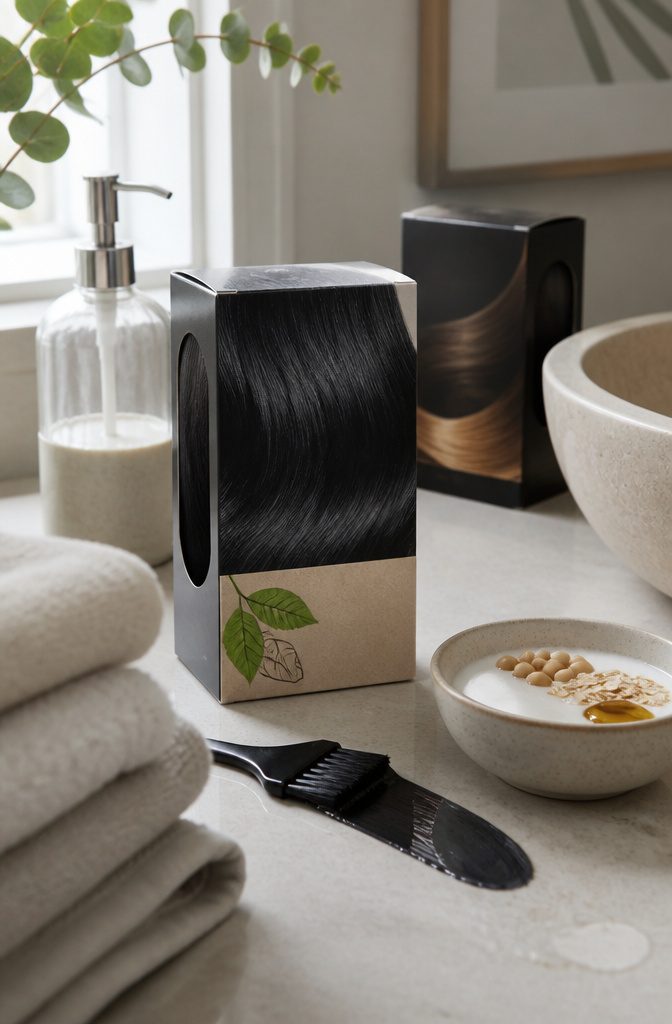 Schwarzkopf Simply Color box beside natural-black hair swatch
