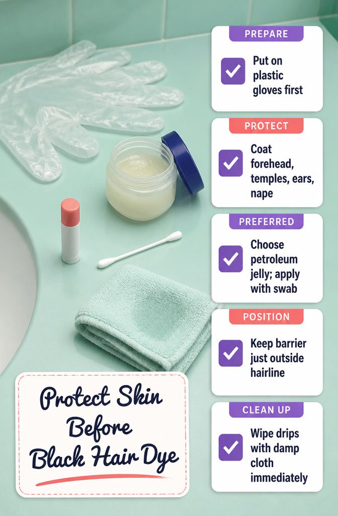 Plastic gloves petroleum jelly and cotton swab beside black dye