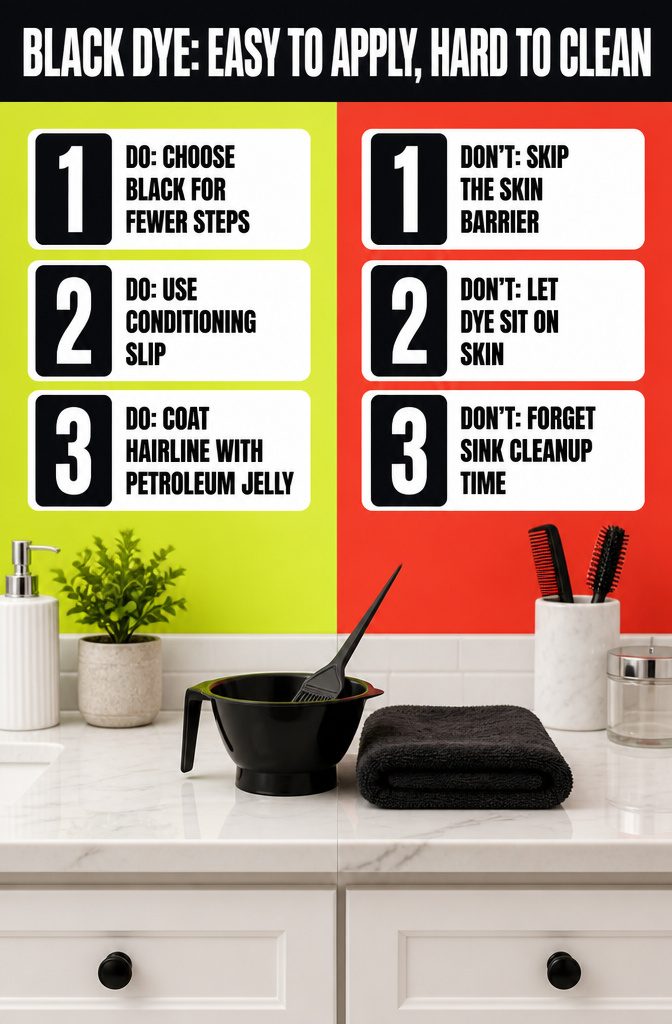 Black dye bottle gloves towel and stained bathroom cleanup supplies