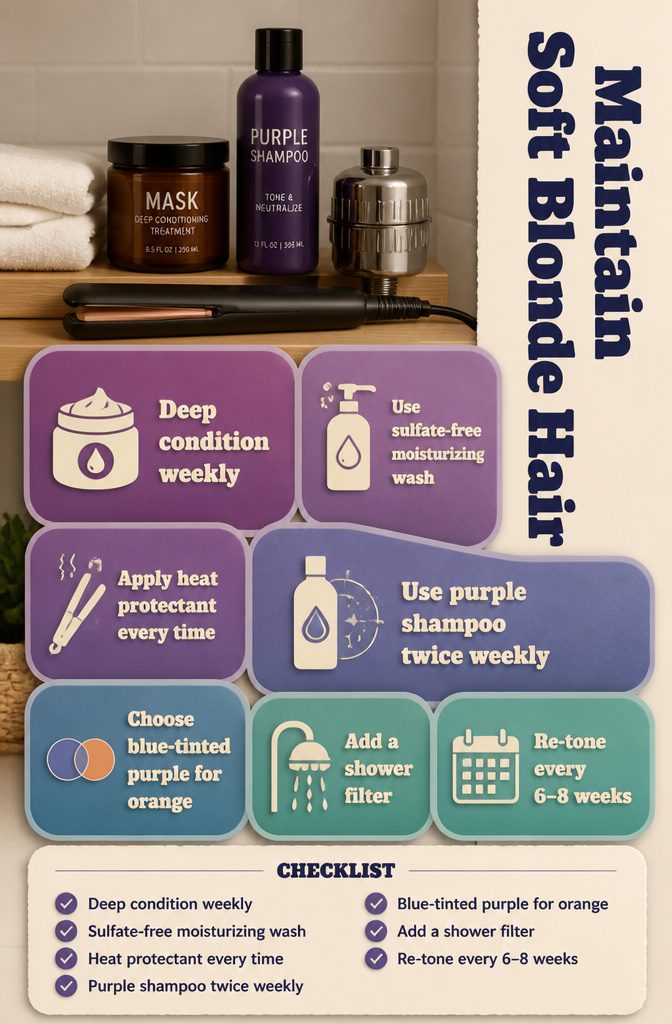 Hair mask and purple shampoo beside soft blonde hair