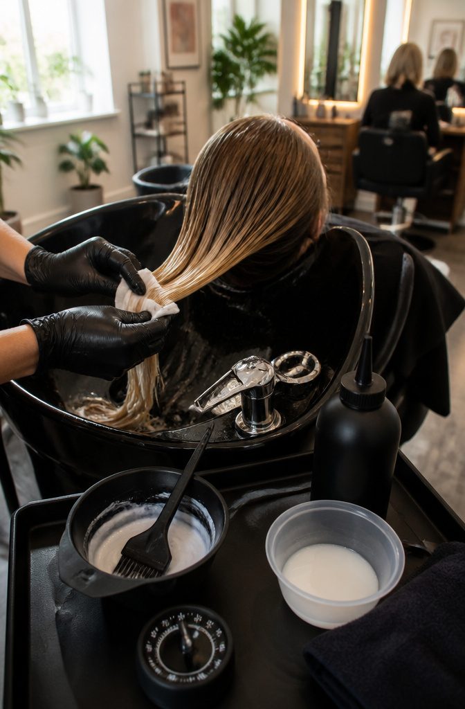 Gloved stylist wiping bleach from a brown-to-blonde strand at a shampoo basin