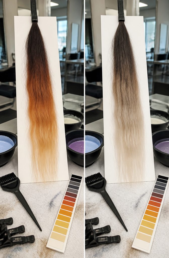 Brown hair strand showing warm orange and yellow tones during bleaching